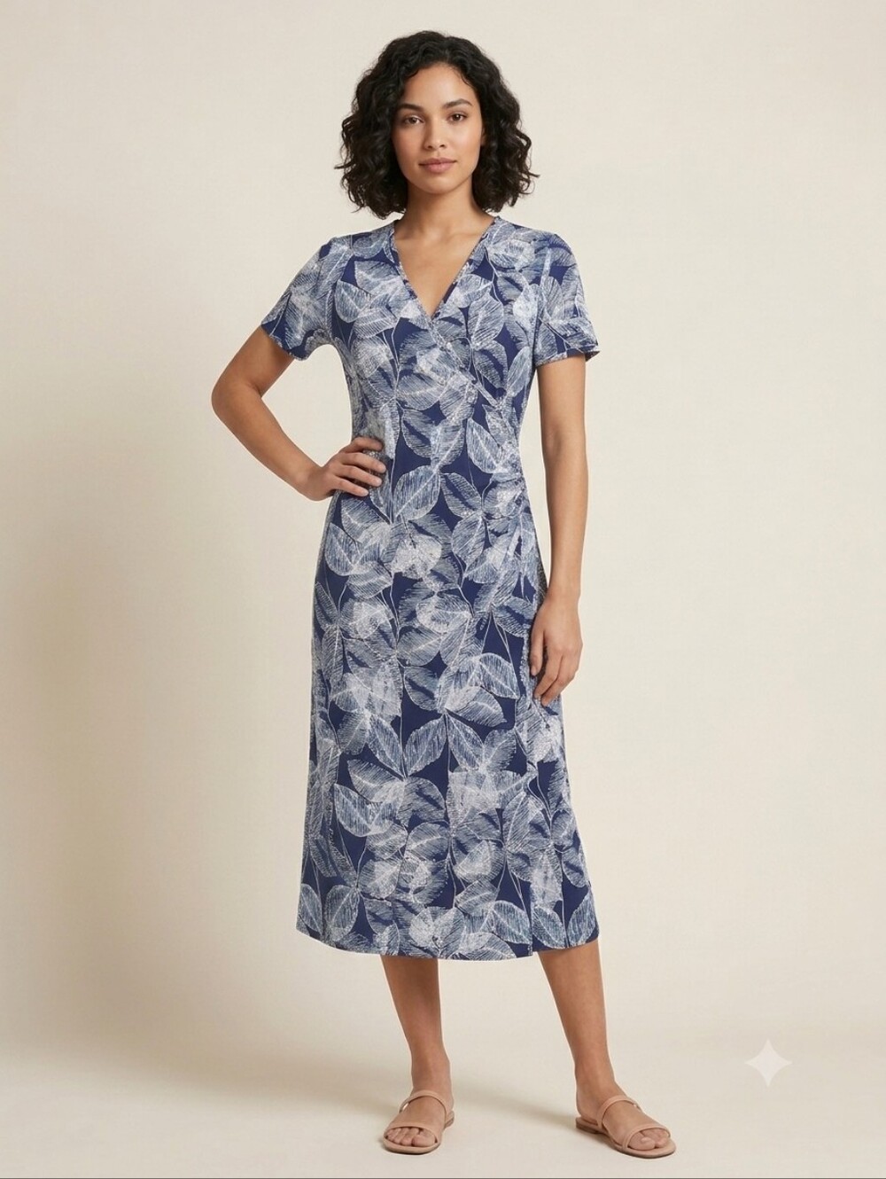 Alison Sheri Leaf Print V-Neck Faux Wrap Midi Dress Blue White Size XS